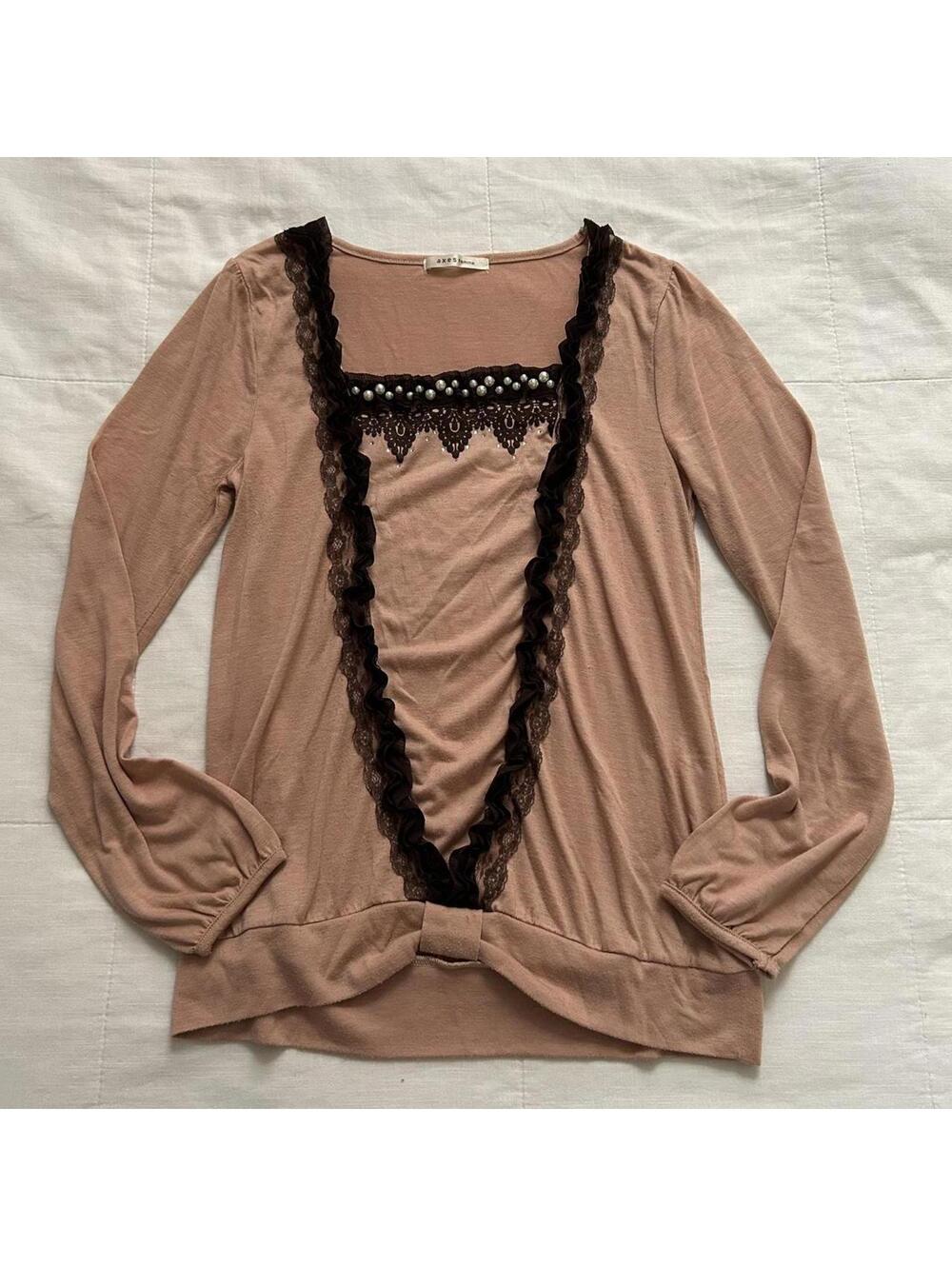 Axes Femme Pink Black Lace Pearl Long Sleeve Top Lolita Size M Japan